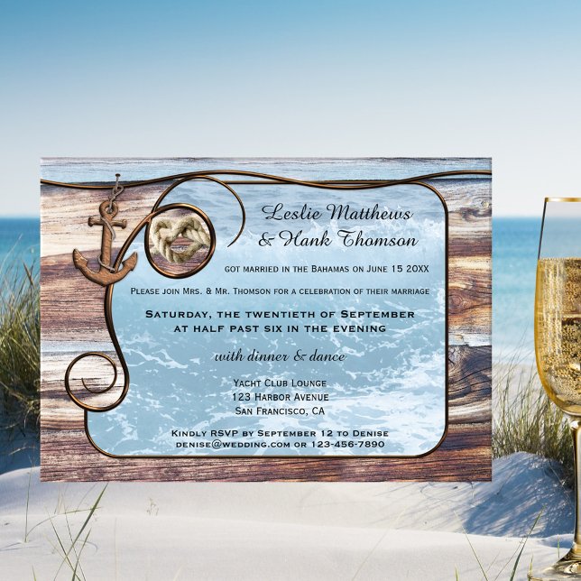 Invitación de postal de boda posterior o ancla náu (After wedding invitation featuring an ocean framed by rustic wood, an anchor and rope knot)