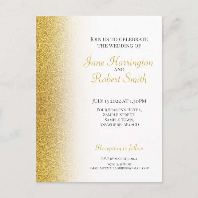 Invitación de postal de Boda Purpurina de oro (Anverso)
