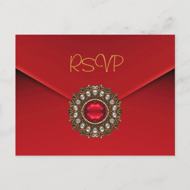 Invitación de postcard RSVP Red Gold Jewel (Anverso)