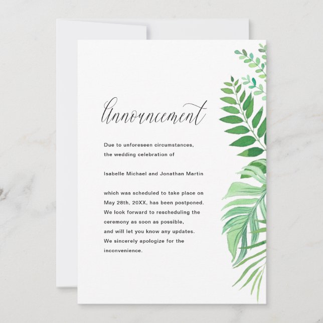 Invitación de postergación de Boda de hojas simple (Anverso)