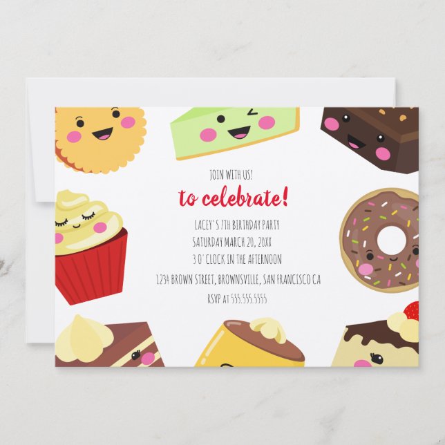 Invitación De Postres De Kawaii Dulces Para Niños (Anverso)