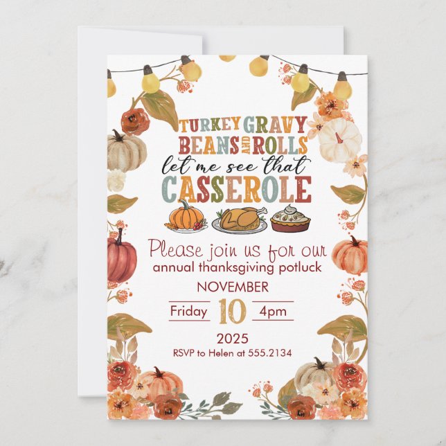 Invitación de Potluck de Acción de Gracias Fiesta  (Anverso)