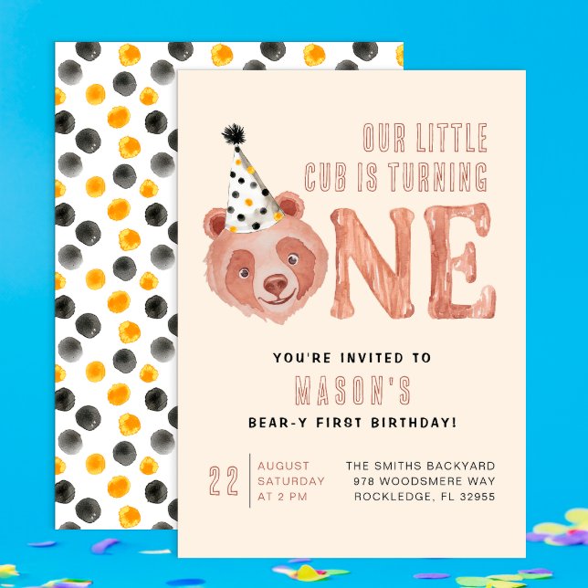 Invitación de primer cumpleaños a Bear-y Cute - Os (Little Bear "One" typography Invite )