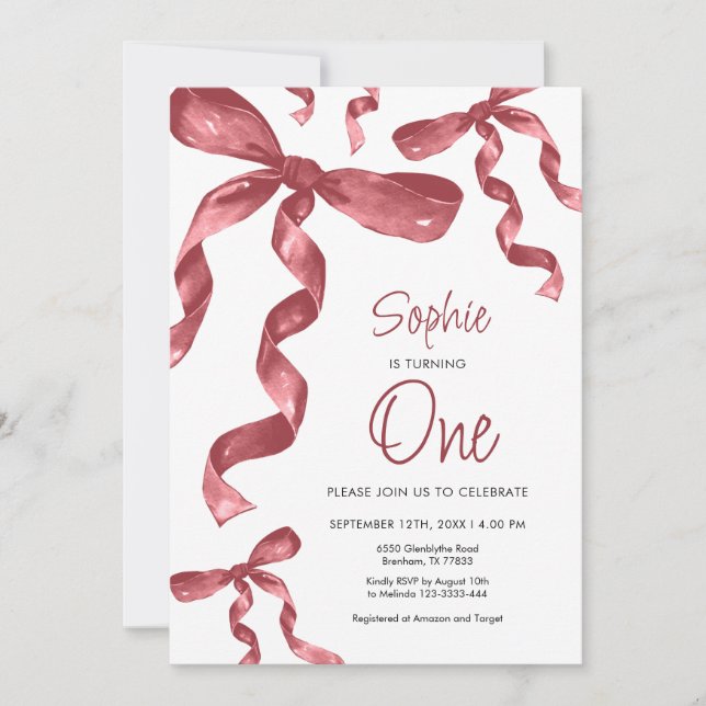 Invitación de primer cumpleaños a Borgoña Bow (Anverso)