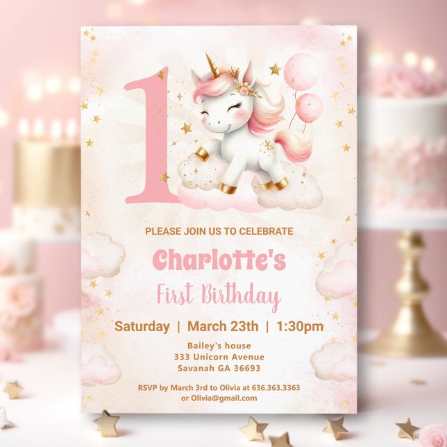 Invitación de primer cumpleaños a Chica de unicorn (Pink Cute Unicorn Girl 1st Birthday Invitation)