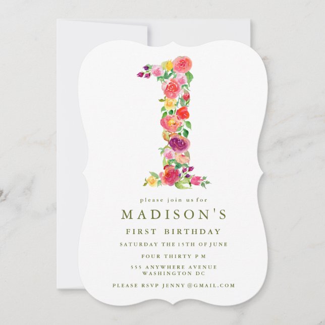Invitación de primer cumpleaños a Chicas de acuare (Anverso)
