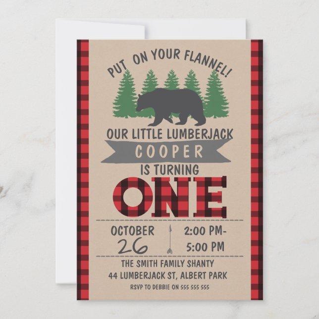 Invitación de primer cumpleaños a Cute Bear Lumber (Anverso)