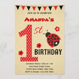 Invitación de primer cumpleaños a Cute Ladybug