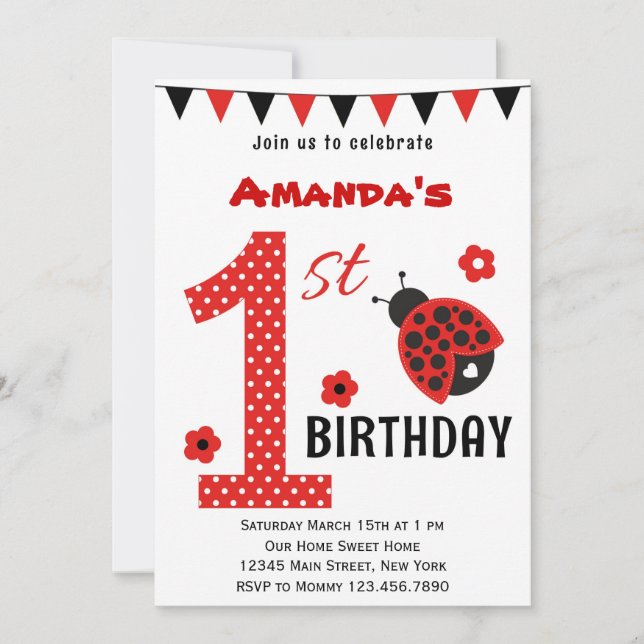 Invitación de primer cumpleaños a Cute Ladybug (Anverso)
