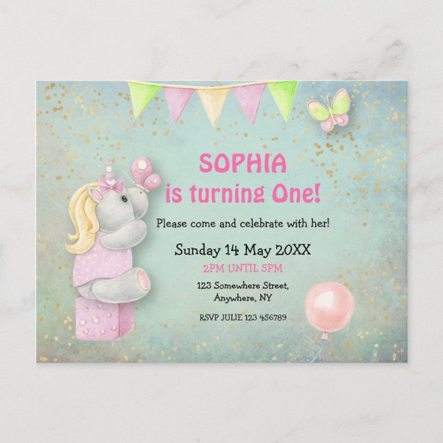 Invitación de primer cumpleaños a Cute Unicorn/But (Anverso)