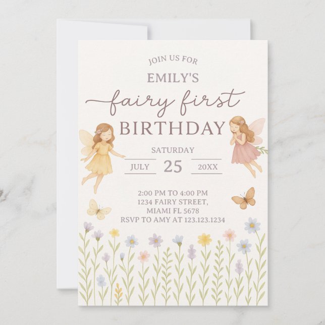 Invitación de primer cumpleaños a Fairy Wings (Anverso)