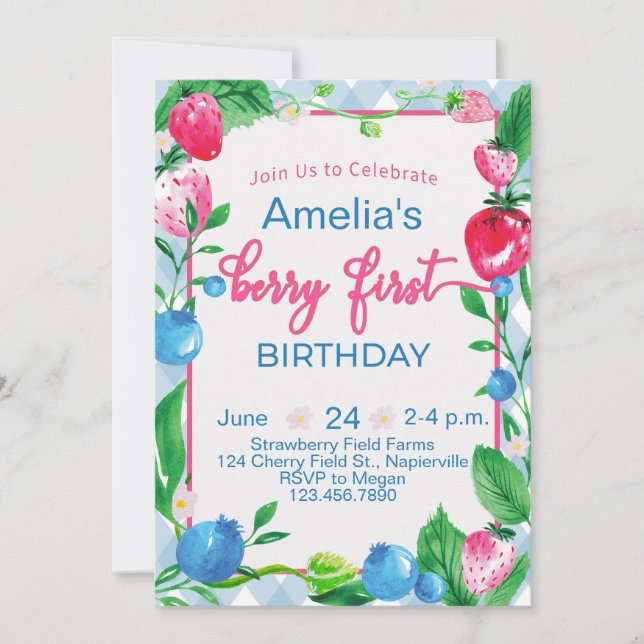 Invitación de primer cumpleaños a fresa para niños (Anverso)