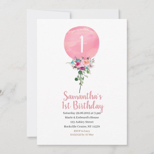 Invitación de primer cumpleaños a globo rosa (Anverso)