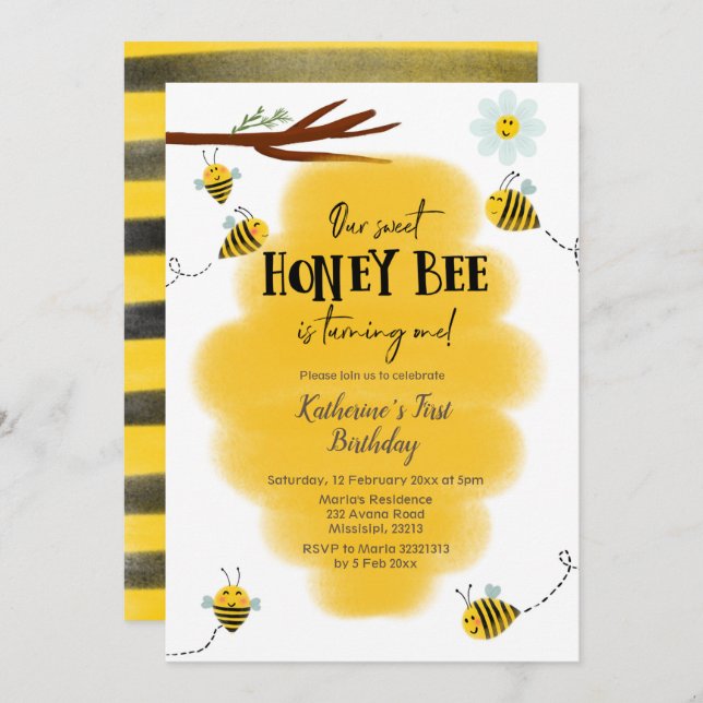 Invitación de primer cumpleaños a Honey Bee (Anverso / Reverso)
