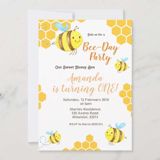 Invitación de primer cumpleaños a Honey Little Bee (Anverso)