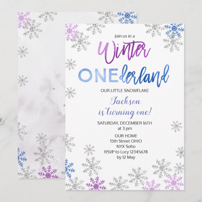 Invitación de primer cumpleaños a invierno de Snow (Anverso / Reverso)
