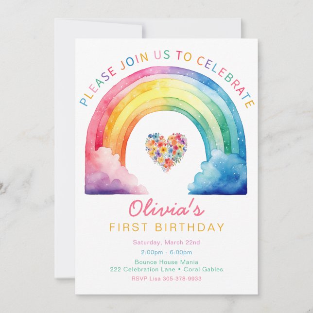 Invitación de primer cumpleaños a la acuarela del  (Anverso)