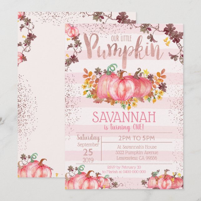 Invitación de primer cumpleaños a la calabaza Chic (Anverso / Reverso)