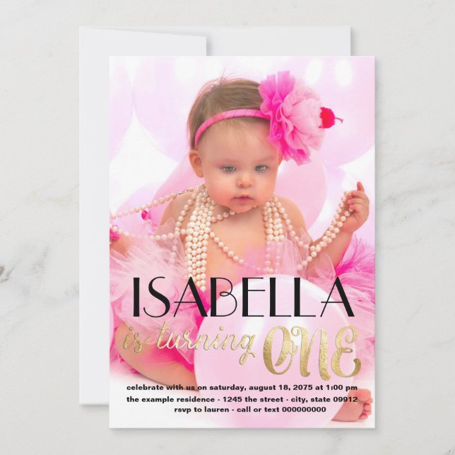 Invitación de primer cumpleaños a la foto de oro (Anverso)