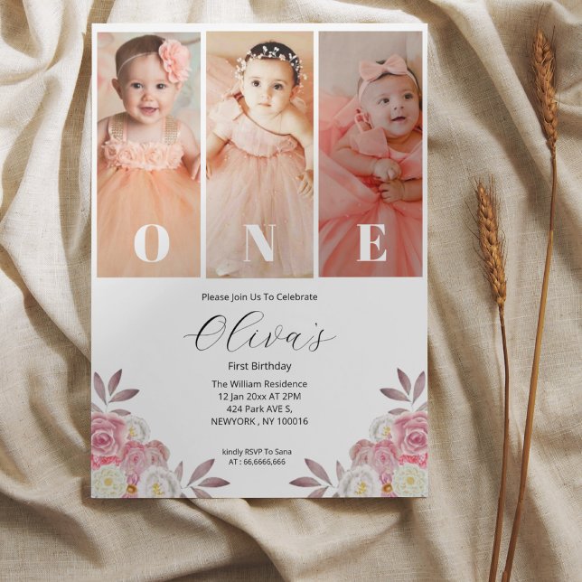 Invitación de primer cumpleaños a la foto floral m (Subido por el creador)