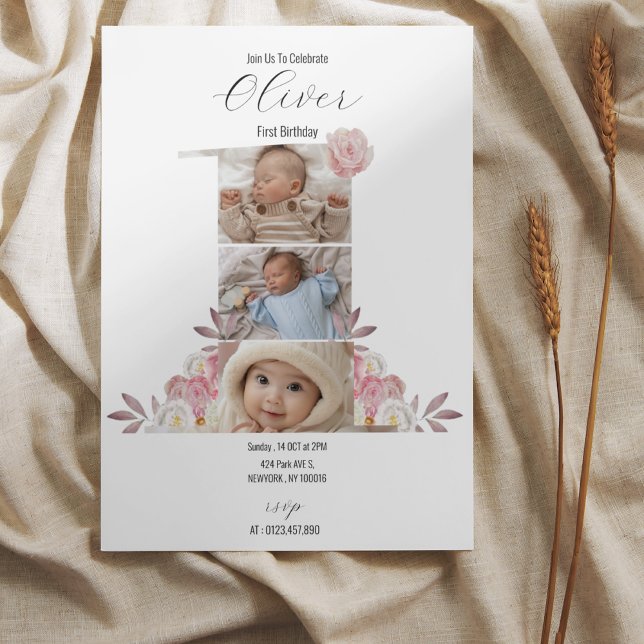 Invitación de primer cumpleaños a la foto floral m (Subido por el creador)