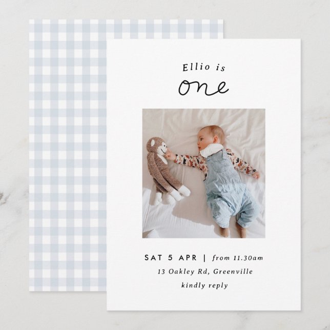 Invitación de primer cumpleaños a la foto mínima d (Anverso / Reverso)