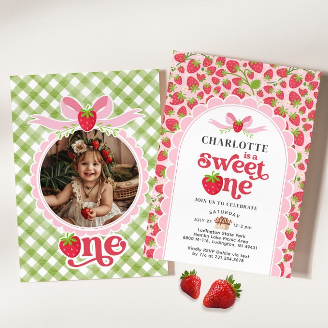 Invitación de primer cumpleaños a la fresa dulce (Sweet One Strawberry 1st Birthday Invitation)