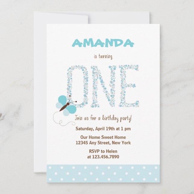 Invitación de primer cumpleaños a la mariposa azul (Anverso)