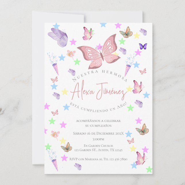 Invitación de primer cumpleaños a la mariposa en e (Anverso)