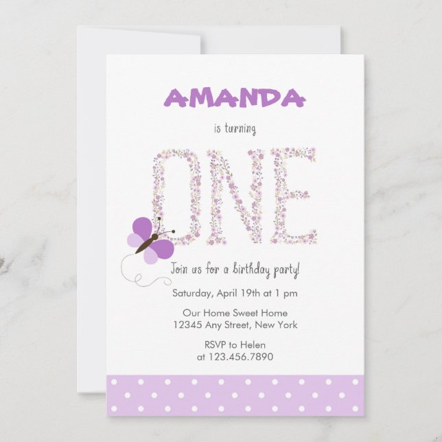 Invitación de primer cumpleaños a la mariposa mora (Anverso)