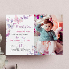 Invitación de primer cumpleaños a la mariposa rosa