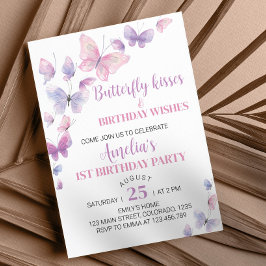 Invitación de primer cumpleaños a la mariposa rosa