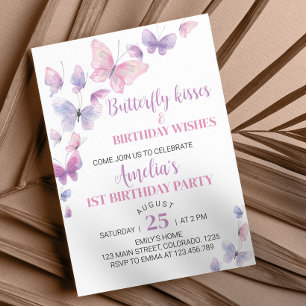 Invitación de primer cumpleaños a la mariposa rosa