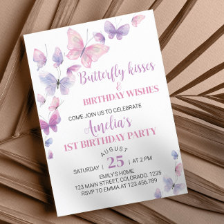 Invitación de primer cumpleaños a la mariposa rosa