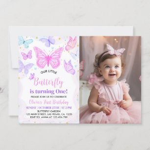 Invitación de primer cumpleaños a la mariposa rosa