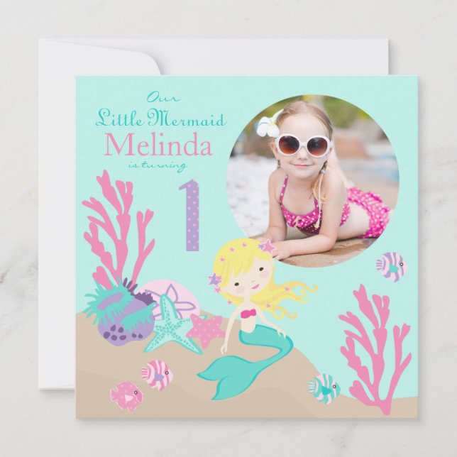 Invitación de primer cumpleaños a la sirena rubia (Anverso)