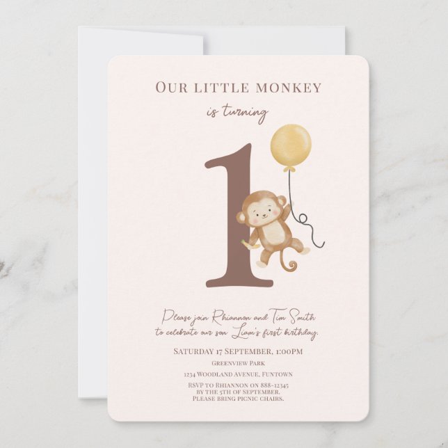 Invitación de primer cumpleaños a Little Monkey (Anverso)