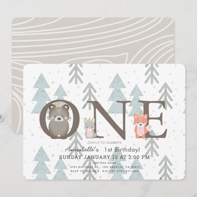 Invitación de primer cumpleaños a los animales de  (Anverso / Reverso)