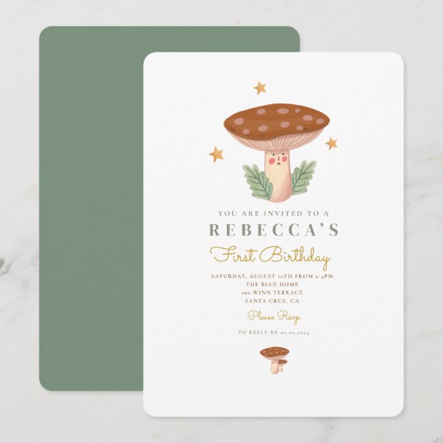 Invitación de primer cumpleaños a los hongos acuar (Anverso / Reverso)