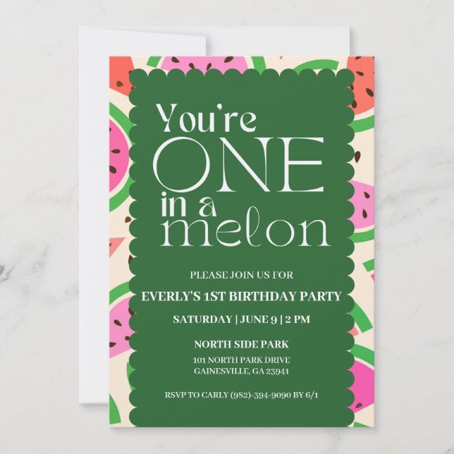 Invitación de primer cumpleaños a 'One in a Melon' (Anverso)