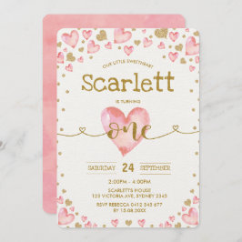 Invitación de primer cumpleaños a Pink Gold Hearts