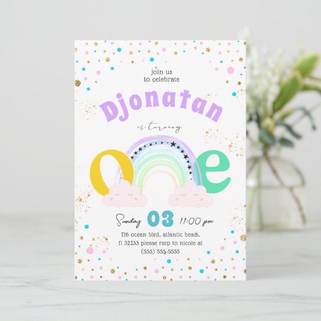 Invitación de primer cumpleaños a Rainbow Confetti (Anverso de pie)