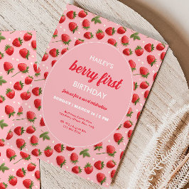 Invitación de primer cumpleaños a Retro Strawberry
