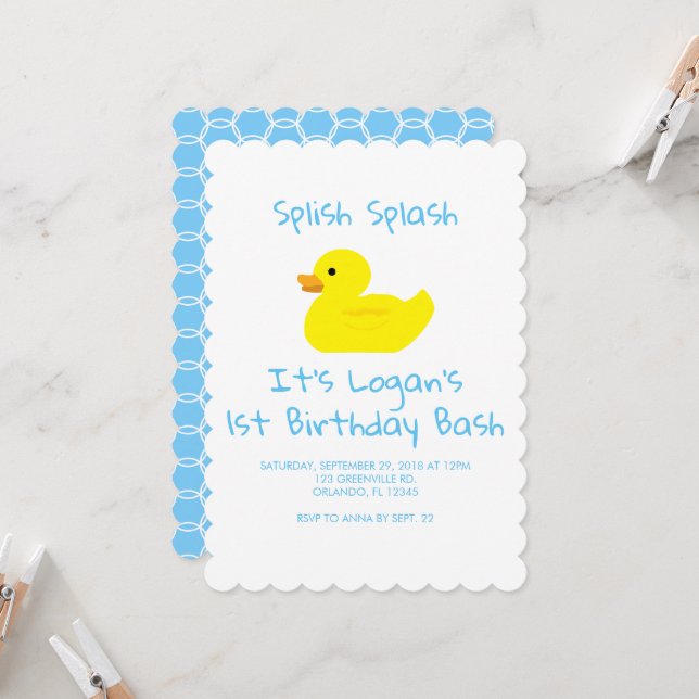 Invitación de primer cumpleaños a Rubber Duck Latt (Anverso/Reverso In Situ)