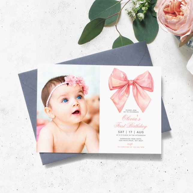 Invitación de primer cumpleaños a Rubor Pink Bow P (Subido por el creador)