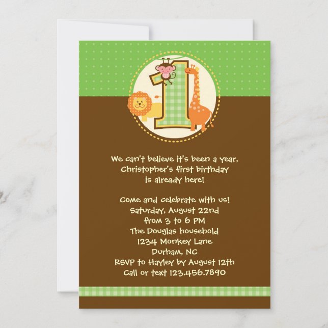 Invitación de primer cumpleaños a Safari de la sel (Anverso)