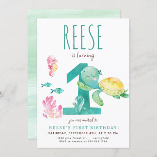 Invitación de primer cumpleaños a Sea Turtle
