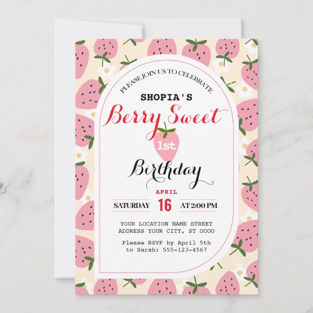 Invitación de primer cumpleaños a Strawberry Delig (Anverso)