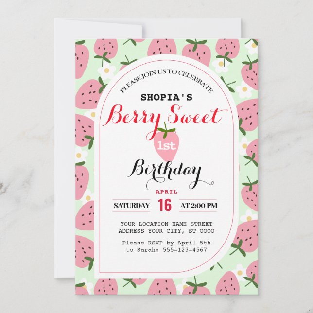 Invitación de primer cumpleaños a Strawberry Delig (Anverso)