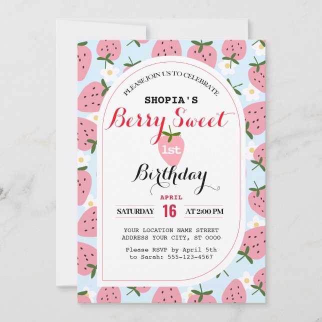 Invitación de primer cumpleaños a Strawberry Delig (Anverso)